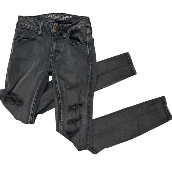 (6 for $25) AE Super Stretch Ripped Distressed Jegging in Washed Black Size 00 - Picture 2 of 7